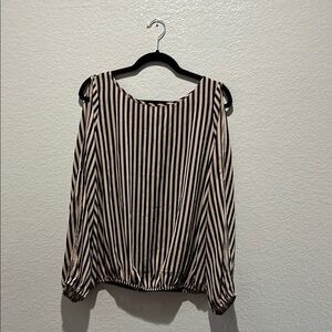 Umgee Women's Navy Blue Pink Striped Balloon Sleeve Blouse Sz L Cold Shoulder